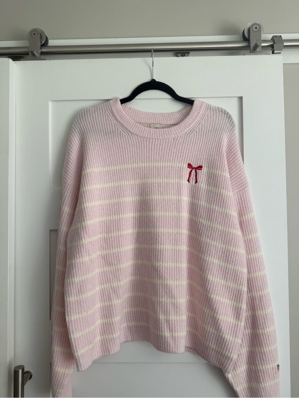 A New Day - Soft Pink Striped Crewneck Sweater with Bow Accent